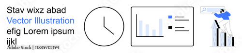Data visualization, time tracking, productivity, financial growth, market research, analytics. Clock with bar graphs and a person climbing on a chart. Data visualization and time tracking concept