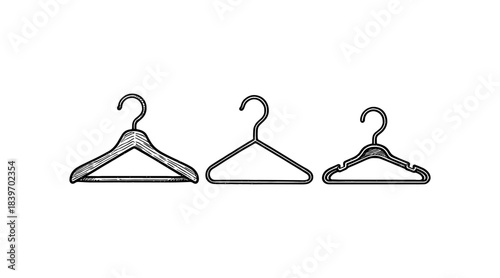 Line art illustration of three different clothes hangers on white background