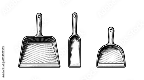 Dustpan illustrations in a vintage engraving style, perfect for design projects