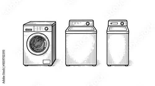 Line art illustration of three different washing machines on a white background