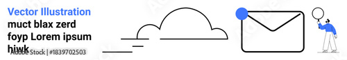 Cloud, envelope with blue pin, person holding balloon in minimalist style. Ideal for communication, email, technology, cloud storage, messages, networking simple landing page