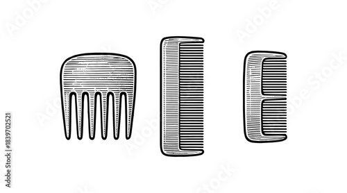 Engraved combs illustration in black and white, isolated on white background