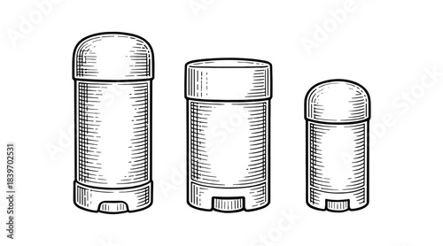Deodorant sticks illustration in a detailed black and white line art style