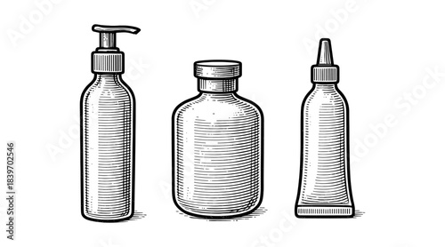 Vintage-style illustration of cosmetic bottles and containers on white background