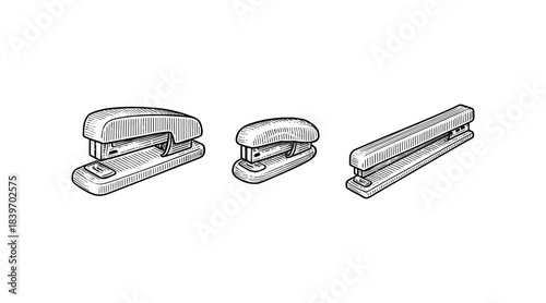 Engraved illustration of three staplers in a row on a white background