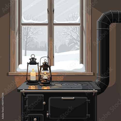 Cozy indoor winter scene with a black stove and lit lanterns by frosty window