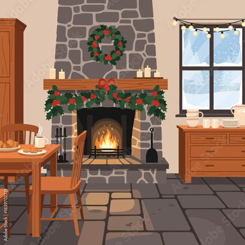Cozy holiday living room decorated for Christmas with fireplace and festive wreaths