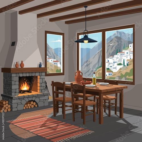 Cozy interior dining room with fireplace and large panoramic windows overlooking a mountain