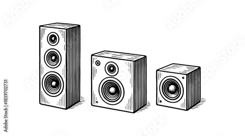 Hand-drawn illustration of three speakers in a row on a white background