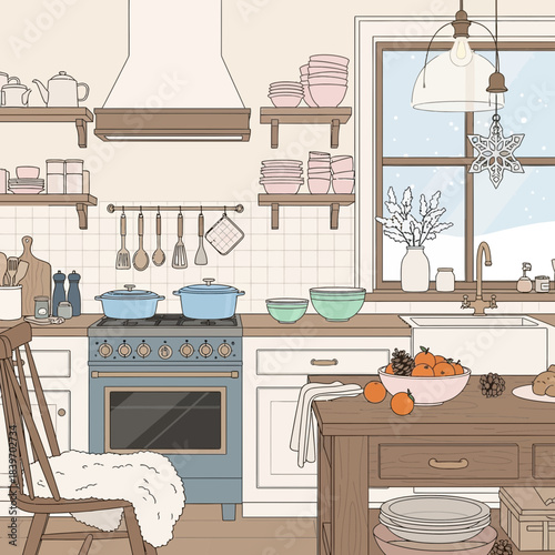 Cozy kitchen interior with wooden furniture, shelves filled with dishes and utensils, and a large