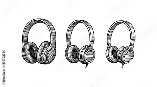 Detailed illustration of three headphones in a vintage engraving style