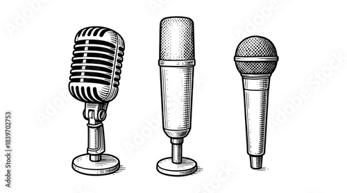 Vintage microphone illustrations in a detailed black and white line art style