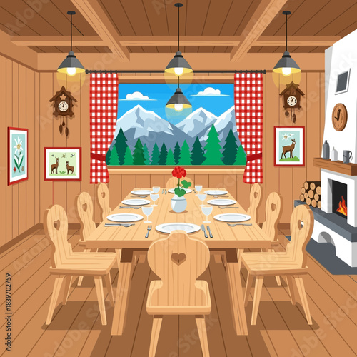 Cozy mountain chalet dining room with wooden furniture and scenic window view of snow-capped peaks
