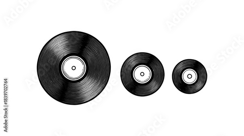 Vinyl records in a row, black and white illustration on a white background