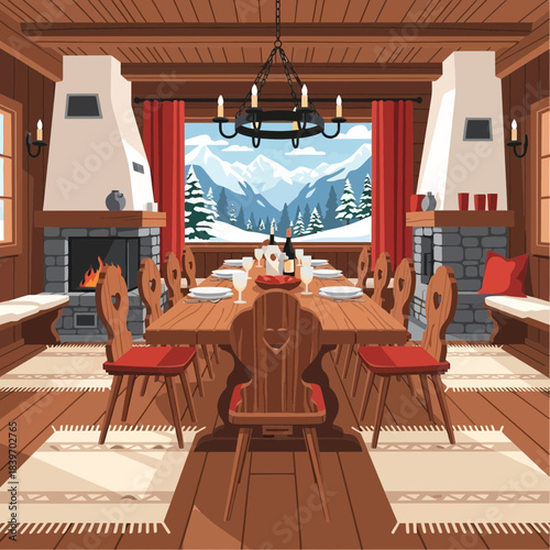 Cozy mountain lodge dining room withlarge windows overlooking snow-capped peaks and rustic decor