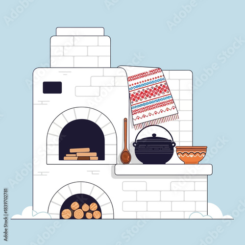 Cozy outdoor pizza oven setup with traditional oven, wood storage and cooking accessories