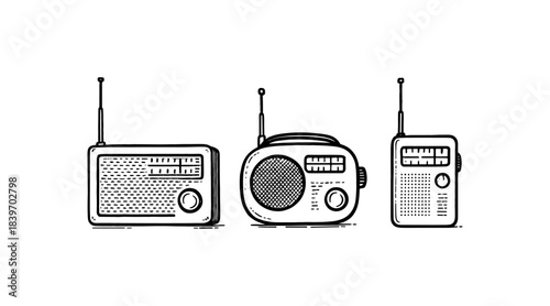 Vintage radio illustrations in a line, perfect for retro design projects