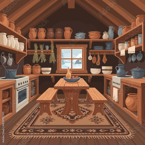 Cozy rustic kitchen interior with wooden furniture and open shelves filled with pottery and