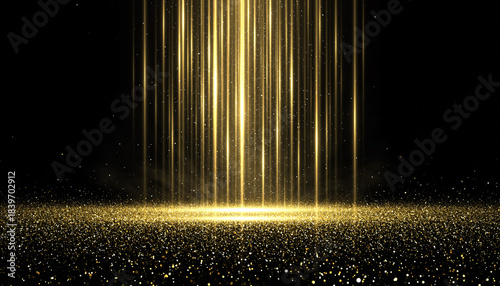 Vertical golden light beams descending onto a sparkling glitter surface