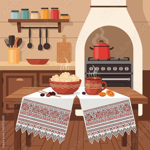 Cozy rustic kitchen scene with traditional tablecloths and vintage cooking utensils