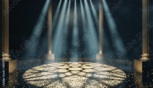 Empty circular spotlight illuminating an ornate geometric pattern on a reflective black stage floor, framed by four golden columns.