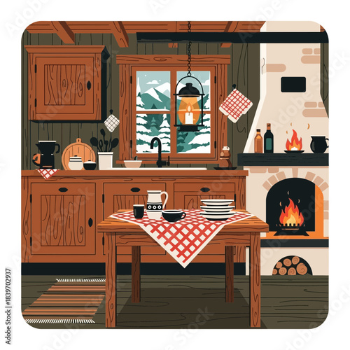 Cozy rustic kitchen with wooden cabinets and a warm fireplace ambiance