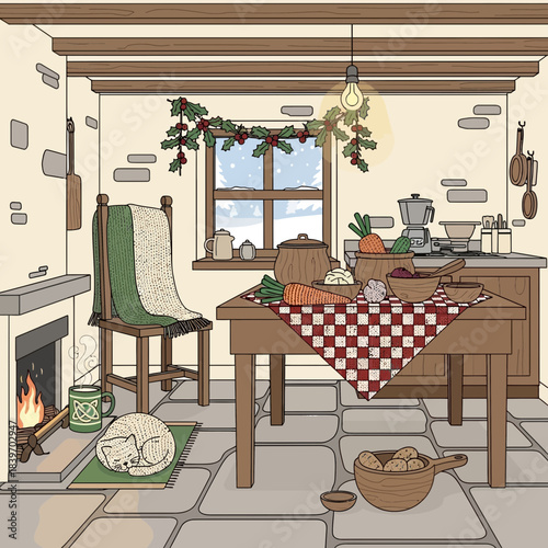 Cozy rustic kitchen with holiday decorations and a warm fireplace scene