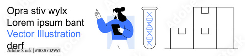 Science, genetics, research, logistics, supply chain, inventory management. A person pointing with a clipboard, a DNA helix in a test tube and boxes stacked together. Science and genetics concepts