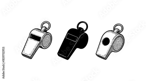 Three Whistles in Black and White, Isolated on a White Background