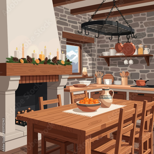 Cozy rustic kitchen with wooden dining table and decorative autumn-themed fireplace mantle