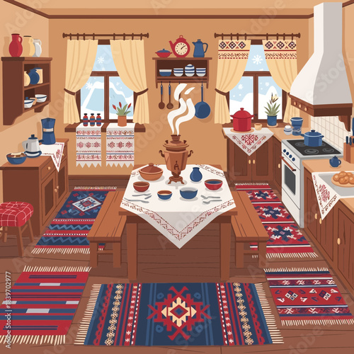 Cozy traditional kitchen interior with rustic decor, warm lighting, and cultural textiles for a