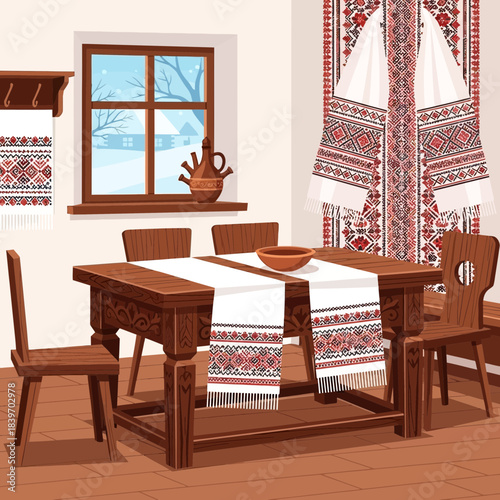 Cozy traditional dining room with wooden furniture and embroidered textiles