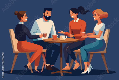 Four diverse friends enjoying a casual conversation while sitting together around a small coffee table
