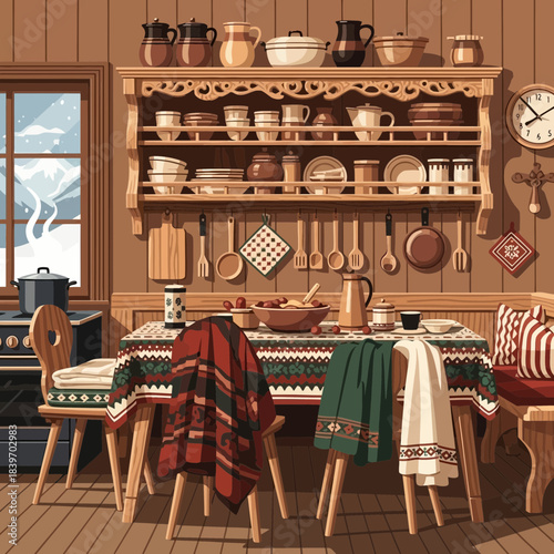 Cozy rustic kitchen with wooden shelves filled with vintage dishware and a charming dining table