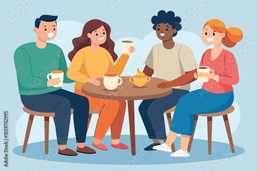Diverse group of four friends enjoying coffee or tea together while sitting around a small round table
