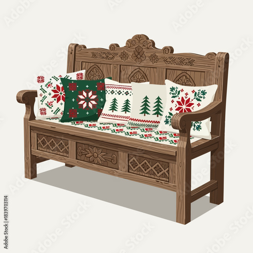Decorative wooden bench adorned with festive Christmas cushion pillows with holiday motifs and