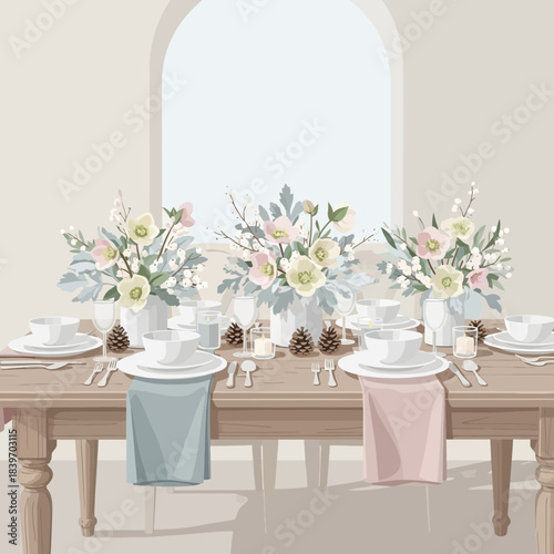 Elegant and Minimalist Holiday Table Setting with Floral Centerpieces and Gift Decorations