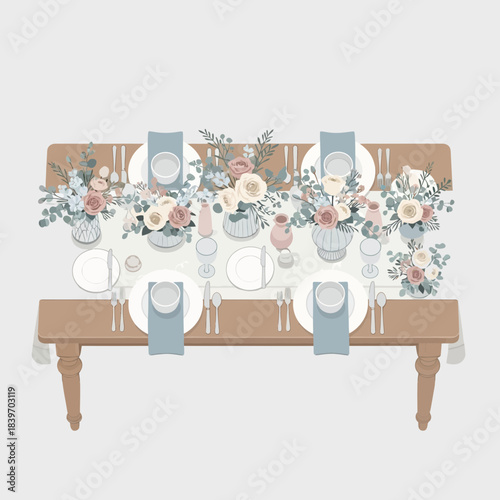 Elegant bridal table setup with floral arrangements and sophisticated tableware for wedding