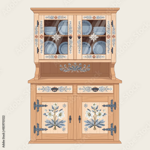 Elegant antique wooden china cabinet with floral hand-painted details and glass-paneled doors for