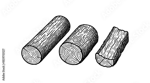 Detailed illustration of three wood logs with visible grain and rings