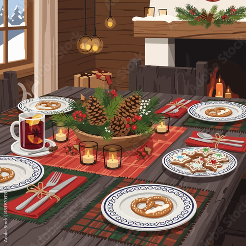 Festive Christmas dinner table decorated with holiday treats and pinecone centerpiece