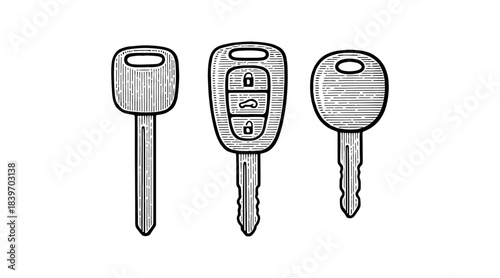 Engraved illustration of three different car keys on white background