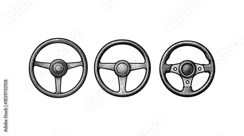 Vintage steering wheels illustration in black and white on a white background