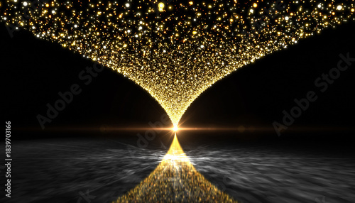 Symmetrical Golden Particle Funnel Flowing on Black Background with Reflection