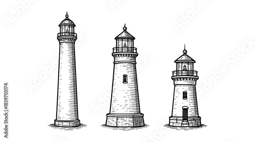 Detailed pen and ink illustration of three classic lighthouses on white background.