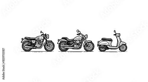 Line art illustration of three different motorcycles on a white background