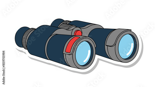 Dark Blue Binoculars With Red Accents And Light Blue Lenses On A White Background And Black Outline Sticker