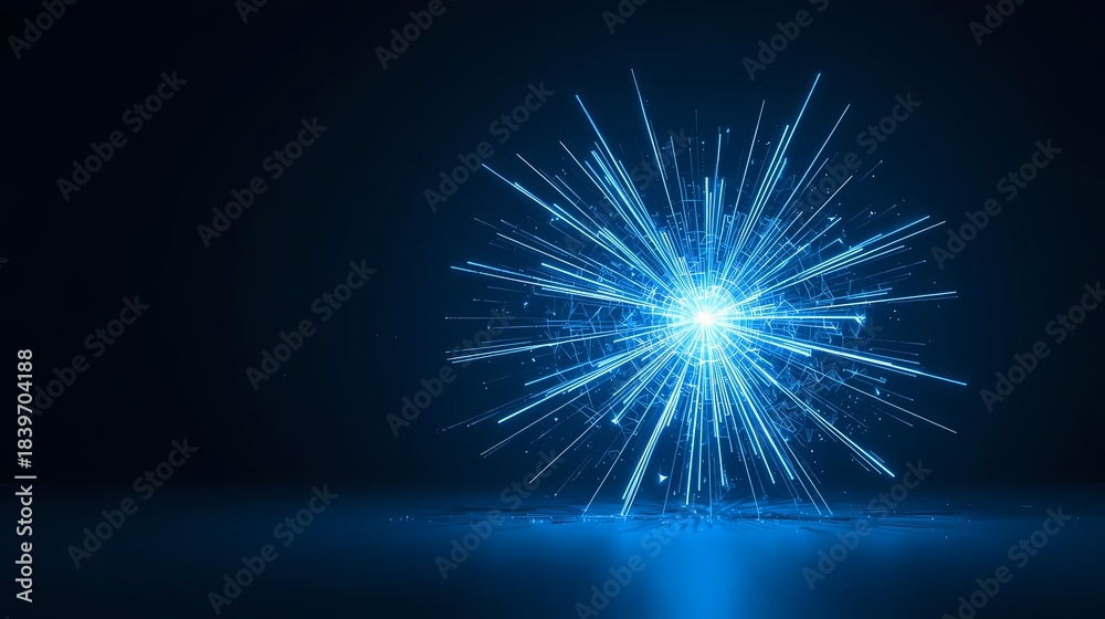 Fototapeta premium Abstract Blue Neon Explosion with Geometric Shards and Glowing Rays on Dark Background, Futuristic Technology and Energy Concept
