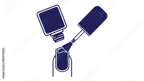 Dark Blue Nail Polish Bottle and Brush Applying Polish to Fingernail on Black Background Stylized Illustration Isolated