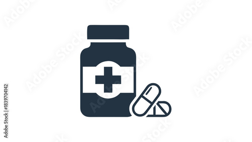 Dark Blue Pill Bottle Icon With Cross Symbol and Two Capsules In Front Isolated On Black Background Minimalist Healthcare And Medical Concept